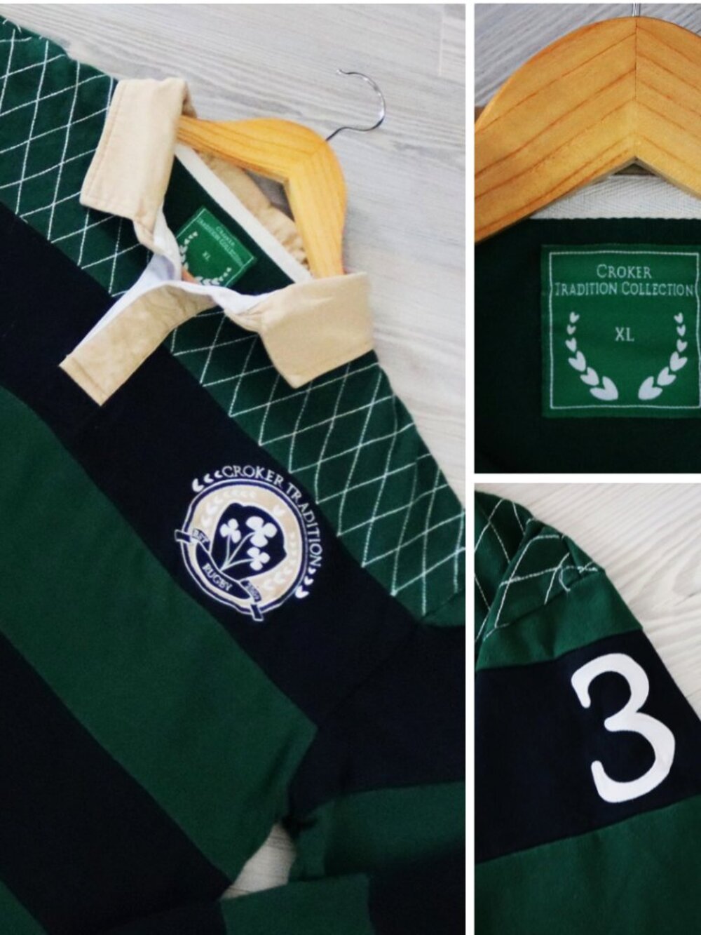 Croker Sports Men's Ireland Rugby Jersey Green Navy Striped Long Sleeve Shirt XL